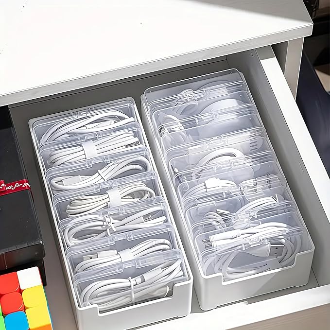 11 Box Cable Organizer Storage Box, Desktop Cable Management with Switch, Power Cord Organizer for Office,Home,Desk Accessories Storage Stationery Supplies and Accessories（White）