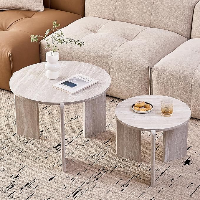 Round Nesting Coffee Tables Set of 2 for Living Room [Interchangeable Height] φ27.6 + φ19.7 Mid Century Modern Circle Side Tables for Bedroom Office Studio Apartment