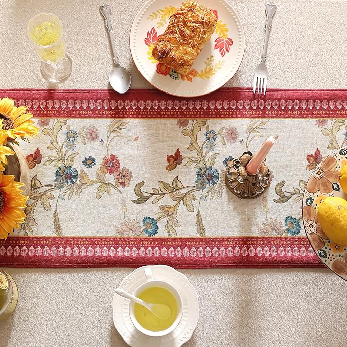 patdrea Designer Farmhouse Linen Table Runner, Rustic Cottage Mauve with Rooster and Floral Pattern Fabric Table Mat, Decoration for Kitchen Dining Coffee Table Banquet Christmas , 12"*87"