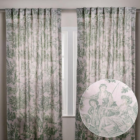 Maison d' Hermine Curtains for Living Room 100% Cotton 96 inch Length Two Panels Light Filtering Toile Curtains for Bedroom Windows with Rod and Loop Pockets (The Miller Antique Green, 50" W x 96" L)