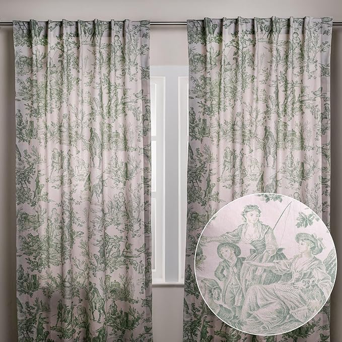 Maison d' Hermine Curtains for living room 100% Cotton 108 inch length Two Panels Light Filtering Toile Curtains for Bedroom Windows with rod and loop Pockets (The Miller Antique Green, 50"W x 108"L)
