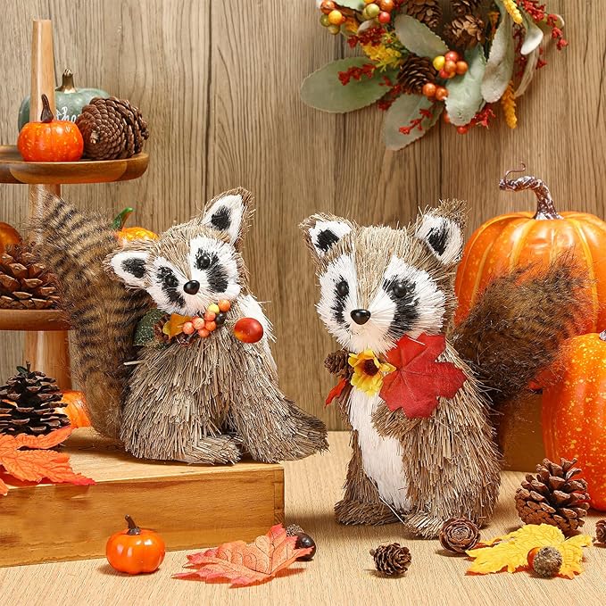 Namalu 2 Pack Raccoon Sisal Fall Decor Thanksgiving Decoration Indoor Sisal Figurine for Home Table Centerpieces Cute Handmade Fall Woodland Animal Statue for Autumn Harvest Office Cozy Shelf Decor