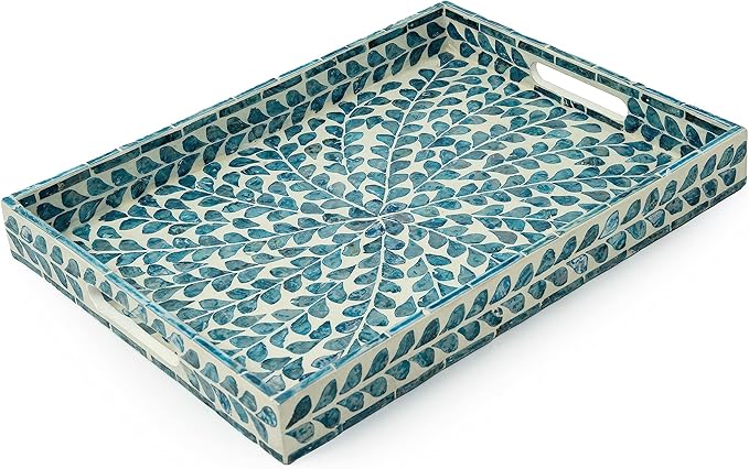CLAYNIX Serving Tray 15.7" X11.8", Lacquer Mother of Pearl Inlay Mosaic Tray, Rectangle Wooden Marble Tray with Handles Trays for Tea, Breakfast in Bed, Table (Blue)