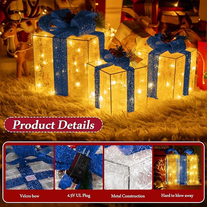 Christmas Decorations, Set of 3 Christmas Lighted Gift Boxes, Pre-lit 60 LED Light Up Present Boxes Warm White Xmas Ornaments for Indoor Outdoor Yard Lawn Home Decor (Blue Bow)
