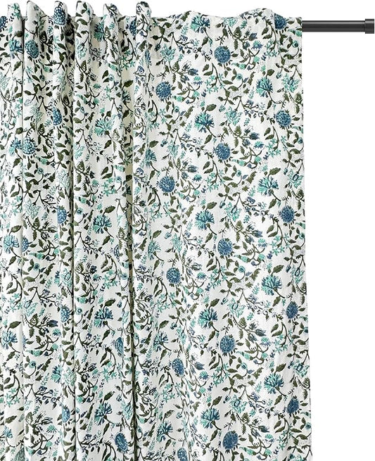 ATOSII 100% Cotton Single Panel Block Print Curtain, Easy Hanging with Rod Pocket & Loop, Living Room, Dining Room, Bedroom Light Filtering Boho Curtains, Set of 1, 60" W X 108" L, Mahoka Blue