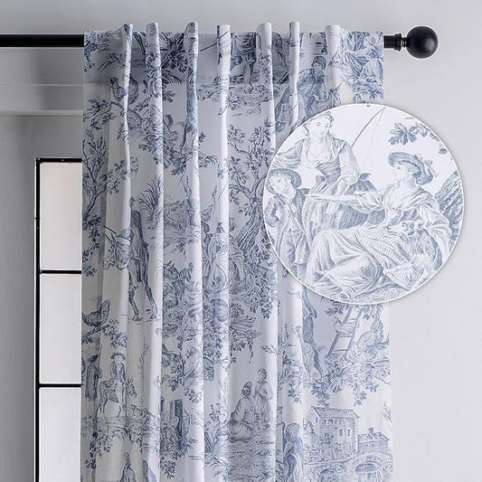 Maison d' Hermine Curtains for living room 100% Cotton 124 inch length One Panel Light Filtering Toile Curtains for Bedroom with rod and loop Pockets (The Miller Blue (White Background), 50"W x 124"L)