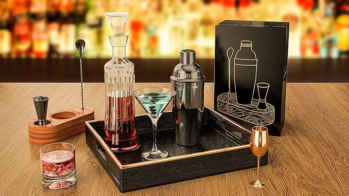 Cocktail Shaker Set,24 oz Martini Shaker,Bartender Kit with Stand,Stainless Steel Martini Mixer Built-in Strainer,Bar Tool Set,Drink Shaker,Fun Gifts. (Black)