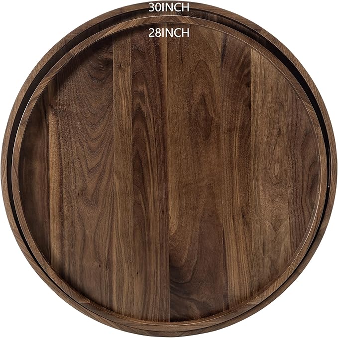 28x 28 inches King Sized Round Ottoman Table Tray, Oversized Solid Wooden Black Walnut Decorative Serving Tray with Handles, Extra Large Circle Platter for Oversized Ottoman Bed