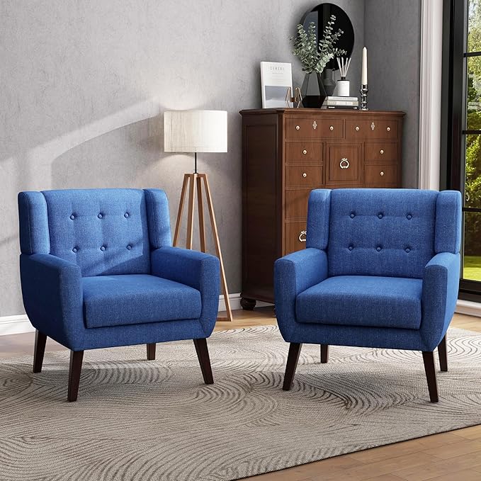 UIXE Accent Chairs Set of 2, Modern Upholstered Arm Chair Mid-Century Club Armchair Comfy Single Sofa Button Tufted Living Room Reading Seat Bedroom Side Sitting, Blue