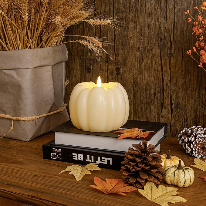Fall Flameless Led Pumpkin Candles with Remote, Real Wax Pumpkin Shaped Battery Operated Flickering Candles with Timer for Thanksgiving Decor, Fall Home Decor, Halloween Decorations, Ivory