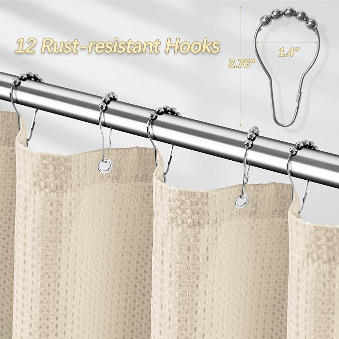 Beige Fabric Shower Curtain - Waffle Textured Heavy Duty Shower Curtains for Bathroom, 256GSM Hotel Spa Luxury Weighted Bath Curtain with 12 Hooks, 72x84, Beige