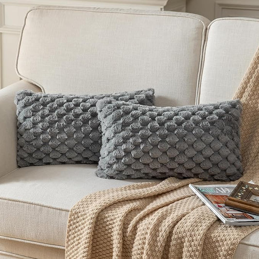 Pack of 2 Super Soft Throw Pillow Covers 12x20 Inch Faux Fur Plush Pillowcase Luxury Cozy Fluffy Decorative Cushion Cover for Sofa Couch Bed Livingroom Darkgrey