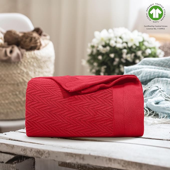 THREAD SPREAD Organic GOTS Cotton Blanket, Full/Queen - 350 GSM, Antistatic, Fuzzy Soft, Lightweight, Sofa, Camping & Travel, Perfect Herringbone All Seasons Throw, Red + Complimentary Tote Bag