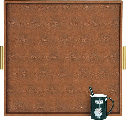 HofferRuffer Extra Large Square Serving Tray, Elegant Faux Leather Ottoman Tray with Gold Hardware Handles, Serve Tea, Coffee or Breakfast in Bed, 24 x 24 inches (Brown Shagreen)