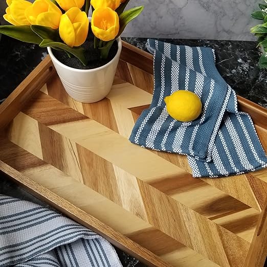 Lipper International 1265 Acacia Herringbone Serving Tray with Handle Cutouts for Meals or Organizing, 19 3/4" x 13 3/4" x 2 1/4"