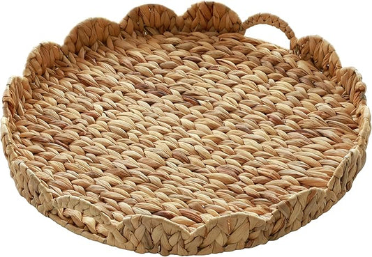 Extra Large Round Ottoman Table Tray 19.7" with Handles - Water Hyacinth Wicker Serving Tray for Farmhouse Decorative Oversized Coffee Table Trays Living Room Kitchen Counter Breakfast Scalloped