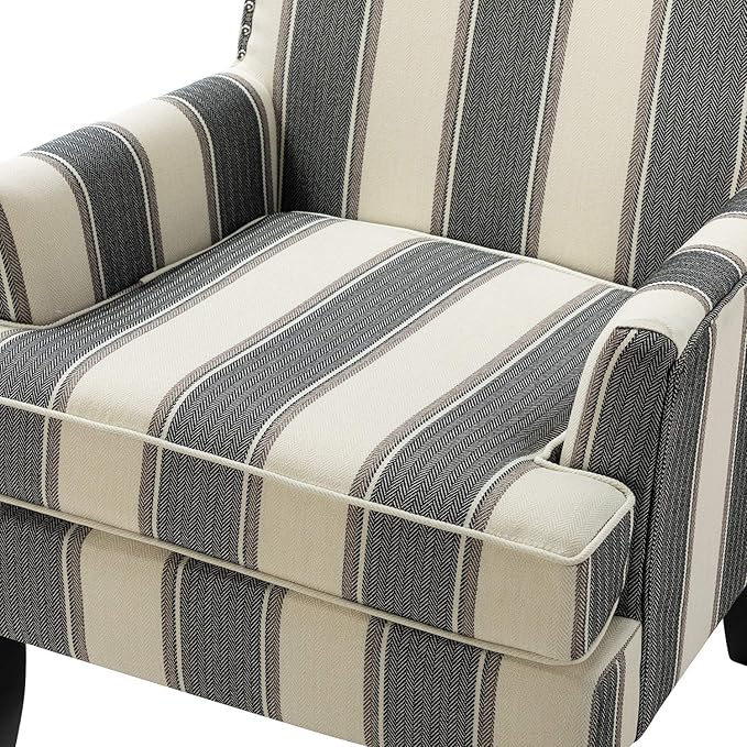 HULALA HOME Modern Accent Chairs Set of 2, Farmhouse High Back Striped Chairs with Wooden Legs & Nail Head Trim, Comfy Upholstered Armchairs for Living Room/Bedroom (Stripe Black)