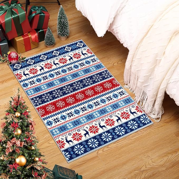 Small Entryway Area Rug 2x3 Christmas Rug Indoor Non-Slip Front Door Mat Washable Boho Rug Xmas Decorative Throw Floor Covers Farmhouse Geometric Festival Carpet for Living Room Bedroom, Blue
