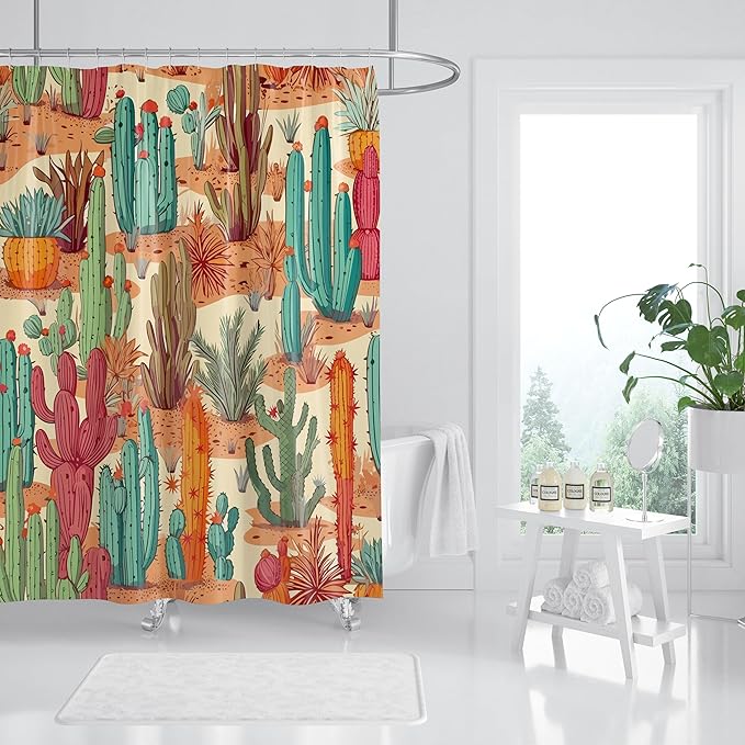 Domoku Multicolor Desert Cactus Shower Curtain Set - Western Prickly Shower Curtain, Southwest Plant Tropical Desert Style, Waterproof Fabric with 12 Hooks, 72 x 72 inches