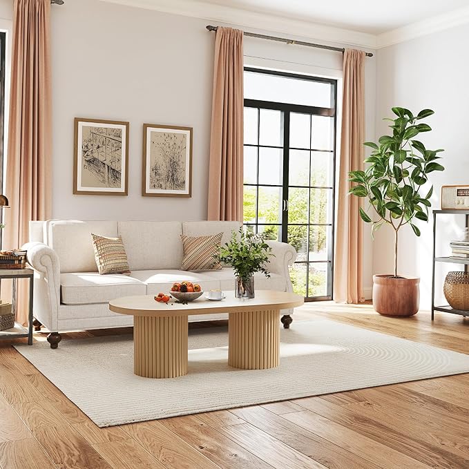 AVZEAR Fluted Oval Coffee Table for Living Room, Boho Modern Coffee Table with Fluted Legs, Curved Round Wood Center Table for Home, Small Spaces, Office, Natural Color(39.38" x 19.69" x 13.78")