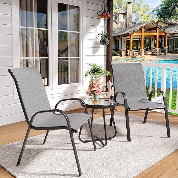 Amopatio 3 Piece Patio Set, Outdoor Stackable Dinging Chairs for All Weather, Breathable Garden Outdoor Furniture for Backyard Deck, Light Grey