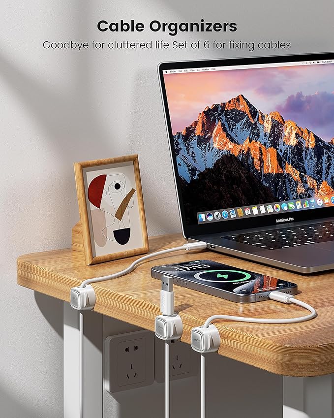 6 Pack Magnetic Cable Clips – Cord Organizer & Holder, Toocki Adhesive Cable Management, Wire Holder for USB Charging Cables, Ideal for Home, Office, Car, Desk, and Nightstand-White