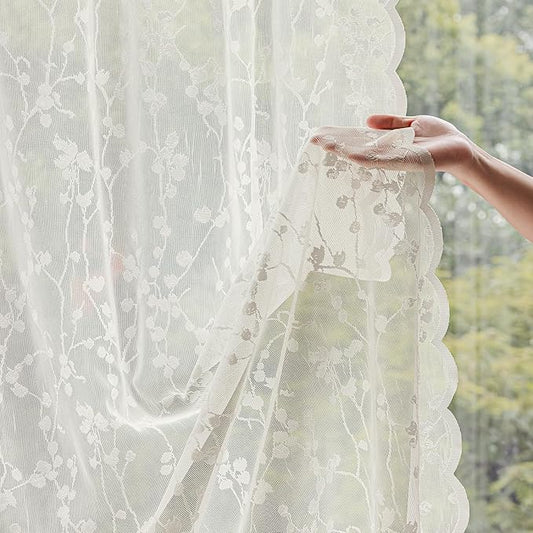 Ivory Lace Semi-Sheer Curtains – Vintage Branches Pattern for Bedroom/Bathroom, Light Filtering Rod Pocket Drapes, Privacy Chic Window Treatments Scalloped Hem, 52W x 72L Inch, 2-Panel Set