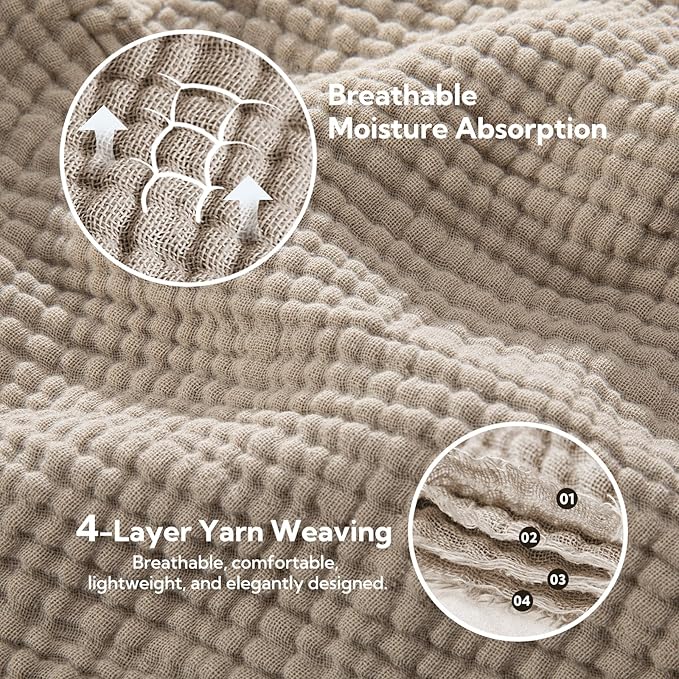 SOULFUL Muslin Throw Blanket with Tassels - Soft Queen Cotton Throw Blanket for Couch or Bed, Lightweight and Breathable Gauze for All Seasons, Light Tan, 90" x 90"