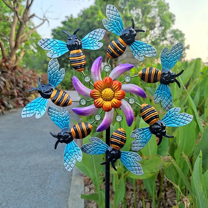 39" Bee Wind Spinners Metal Garden Stake-Outdoor Yard Windmill-Wind Sculpture Yard Art Decorations for Patio,Lawn & Garden