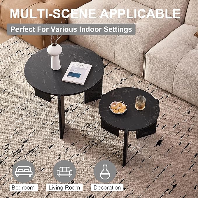 Round Nesting Coffee Tables Set of 2 for Living Room [Interchangeable Height] φ27.6 + φ19.7 Mid Century Modern Circle Side Tables for Bedroom Office Studio Apartment