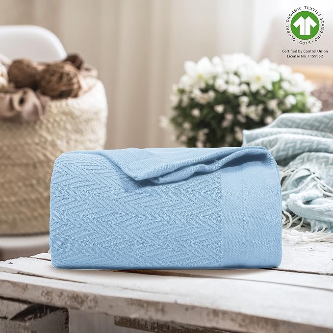 THREAD SPREAD 100% Pure Cotton, Luxury Twin/Twin XL Size Light Blue Blanket - Herringbone Pattern, Soft & Cozy Premium Fall Throw Blanket for All Seasons, 350 GSM & 68 x 92 with Free Tote Bag