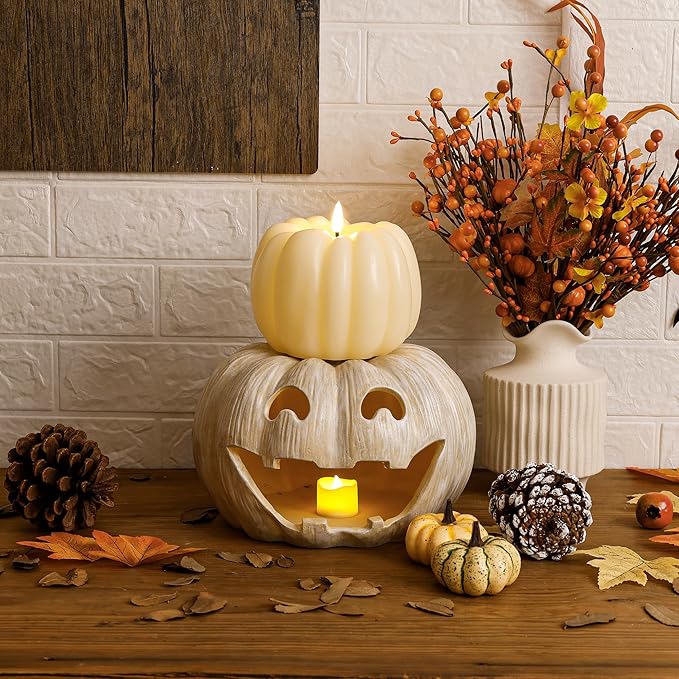 Fall Flameless Led Pumpkin Candles with Remote, Real Wax Pumpkin Shaped Battery Operated Flickering Candles with Timer for Thanksgiving Decor, Fall Home Decor, Halloween Decorations, Ivory