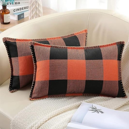 decorUhome Farmhouse Gingham Buffalo Plaid Check Throw Pillow Covers 12x20 Set of 2, Outdoor Fall Lumbar Linen Decorative Pillow Covers with Stitched Edge for Bed Couch Sofa, Orange and Black