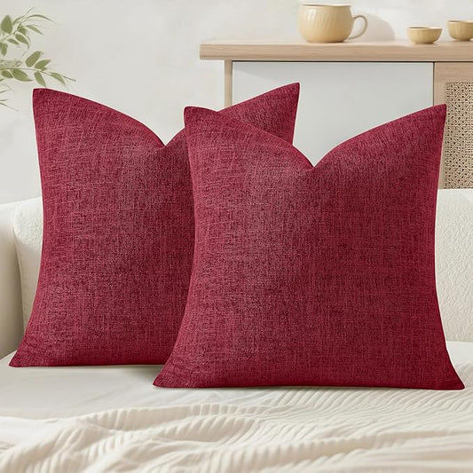 JIUZHEN 20x20 Inch Red Faux Linen Christmas Pillow Covers Set of 2, Holiday Festive Decorative Cushion Covers for Sofa Bed, Soft Washable Zippered Pillowcase
