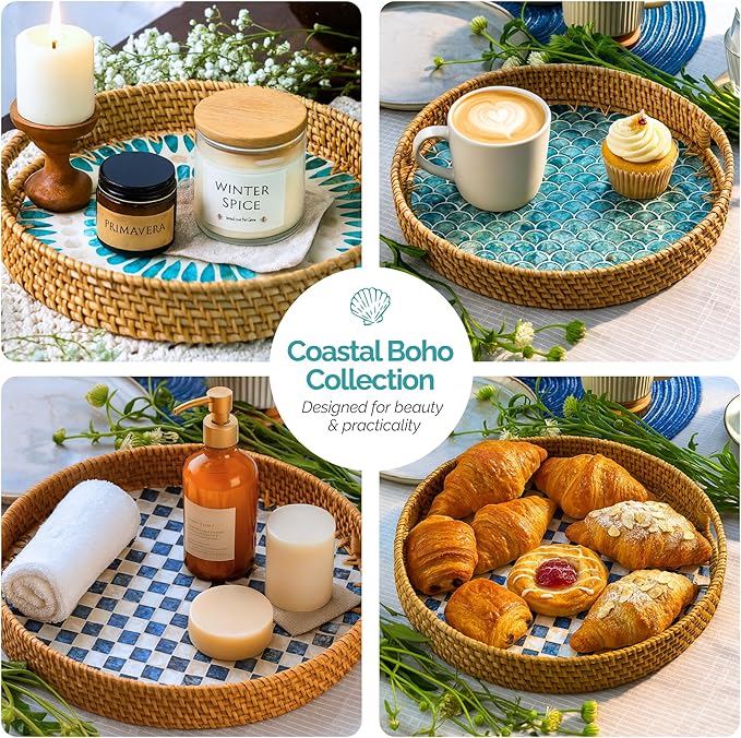 JUNGLE CULTURE Large Rattan Serving Tray 14" with Mother of Pearl Inlay • Coastal Boho Collection • Handcrafted Serving Tray with Handles • Round Woven Table Trays for Home • Wicker Basket – Drift