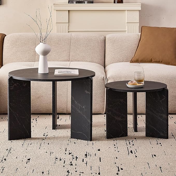 Round Nesting Coffee Tables Set of 2 for Living Room [Interchangeable Height] φ27.6 + φ19.7 Mid Century Modern Circle Side Tables for Bedroom Office Studio Apartment