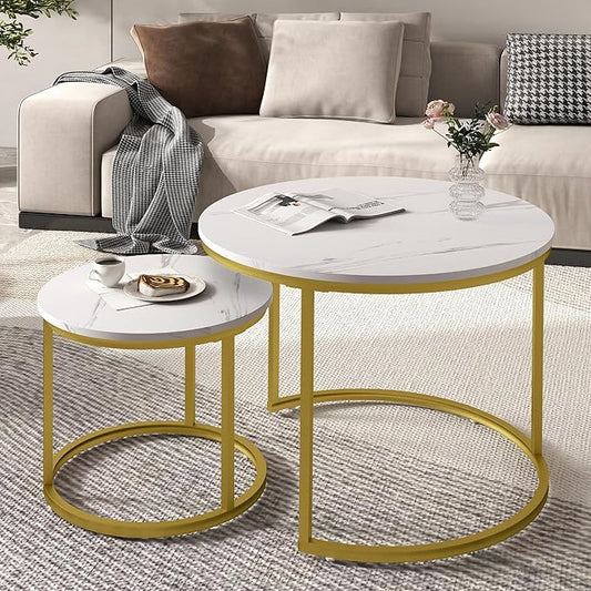 Nesting Tables Set of 2, White Round Coffee Table, Small Nesting Coffee Table with Adjustable Non-Slip Fee, White Marble Top Stack Nesting Tables Set of 2 for Living Room, Bedroom