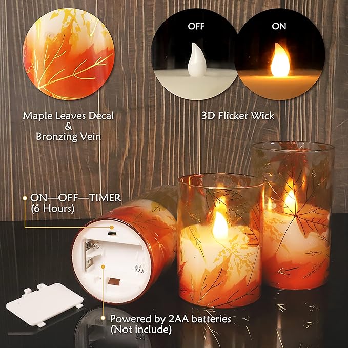 Fall Flameless Candles with Remote Timer Thanksgiving Gift Battery Operated LED Realistic Wax Glass Candles Gold-Red Maple Leaves Decor for Bedroom Home Table Ornament