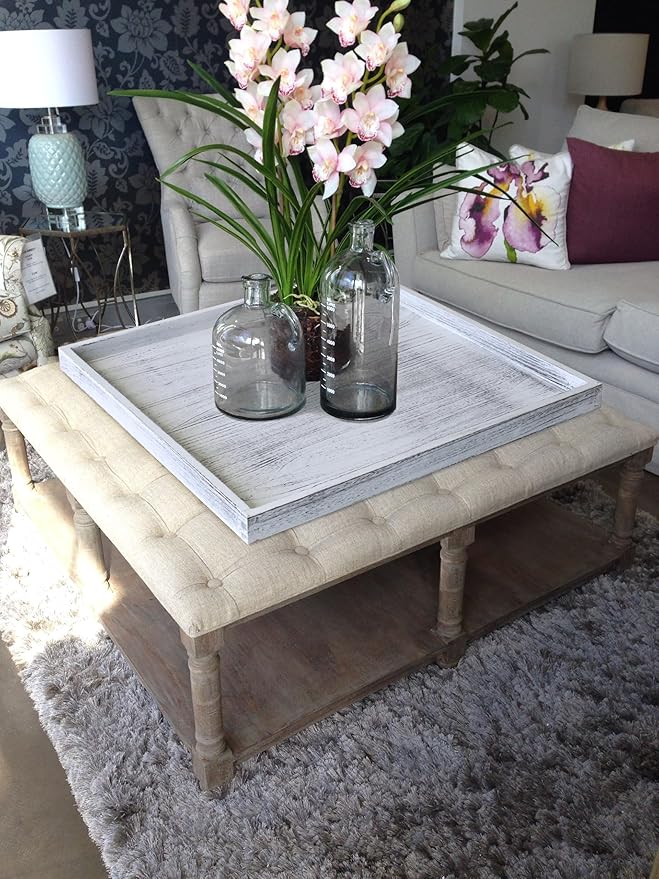 Extra Large Square Ottoman Table Tray 24" - Rustic Wooden Serving Tray for Farmhouse Decorative Oversized Coffee Table Trays Living Room Kitchen Counter Breakfast Whitewash
