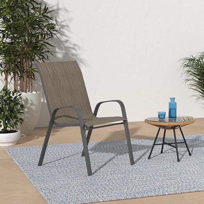 Amopatio Patio Chairs Set of 8, Outdoor Stackable Dining Chairs for All Weather, Breathable Garden Outdoor Furniture for Backyard Deck, Dark Brown