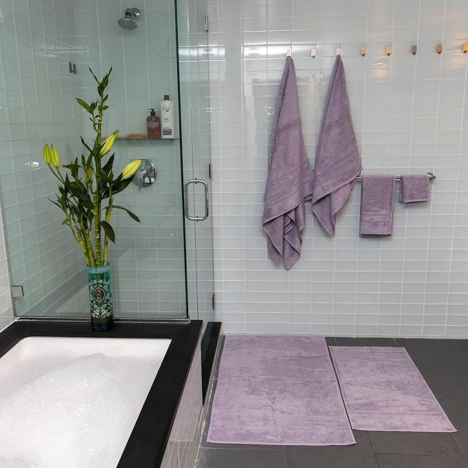 Mosobam Luxury Turkish 6pc Mixed Bath Bundle 2 Sizes for Body Towels and 2 for Mats Lavender Aura 700 GSM & 1000 GSM Bamboo Viscose & Aegean Turkish Combed Cotton