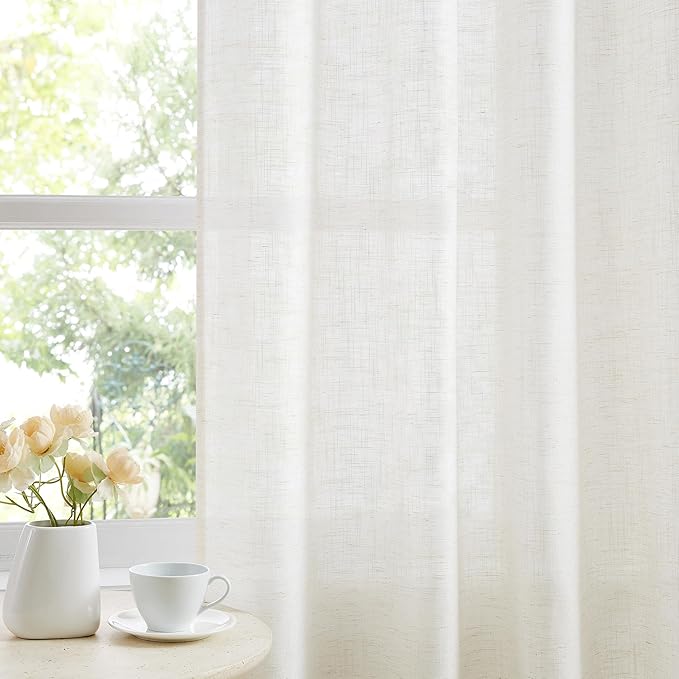 Treatmentex Flax Blend Linen Semi Sheer Curtains 52 x 45 White Light Filtering Privacy Curtains for Small Windows Rod Pocket, 2 Panels