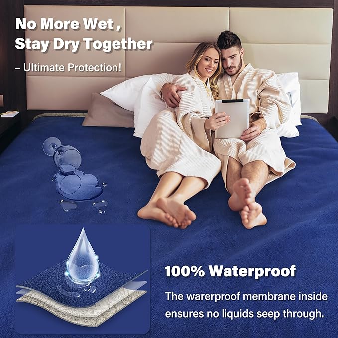 Catalonia Waterproof Bed Cover for Intimacy, Love Couples Leakproof Protector, Reversible Squirt Blanket, Splash Stain Proof Pad for Adults, Washable, 80x90 inches, Navy/Taupe