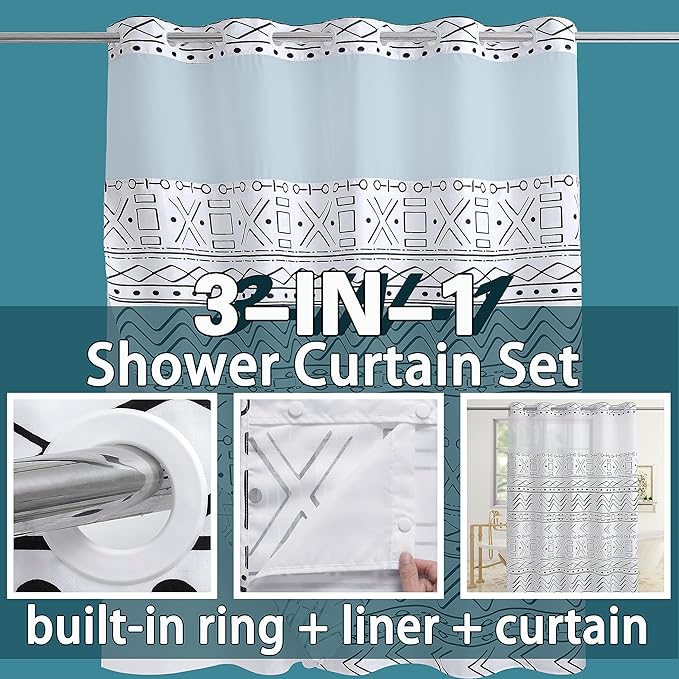 Conbo Mio No Hook Boho Shower Curtain with Snap in Liner Set, Hotel Luxury White Shower Curtains for Bathroom with See Through Top Window, Waterproof, Washable 71W x 74H