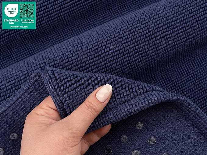 American Soft Linen Bath Rug, 17 in 24 in 100% Cotton Bath Mats Rugs for Bathroom, Slip Reducer Washable Shaggy Form Area Rugs, Navy Blue Bath Rug