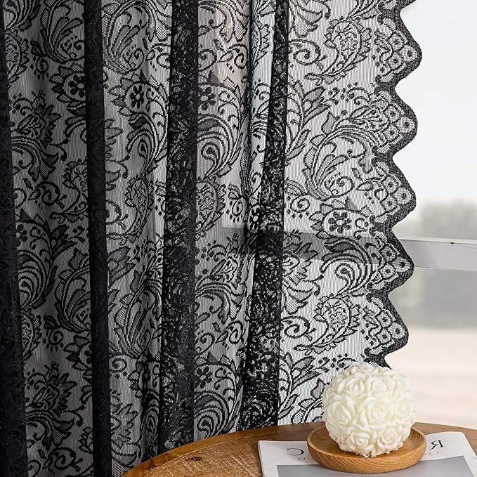 Black Lace Semi-Sheer Curtains 2 Panels – Vintage Floral Lace Halloween Curtains Gothic Privacy Light Filtering Rod Pocket Window Drapes for Bedroom Living Room, 52W x 45L Inch
