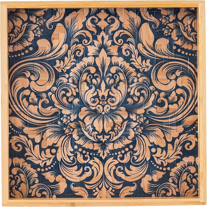 PEMAR 12.2" Square Bamboo Art Decor Tray with Handle, Food Drink Serving Tray for Breakfast Lap Bed Eating. Pattern Printed on Bamboo. Decorative Catchall Coffee Table Entryway Nightstand (Damask)