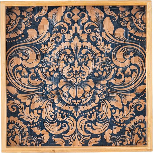PEMAR 12.2" Square Bamboo Art Decor Tray with Handle, Food Drink Serving Tray for Breakfast Lap Bed Eating. Pattern Printed on Bamboo. Decorative Catchall Coffee Table Entryway Nightstand (Damask)