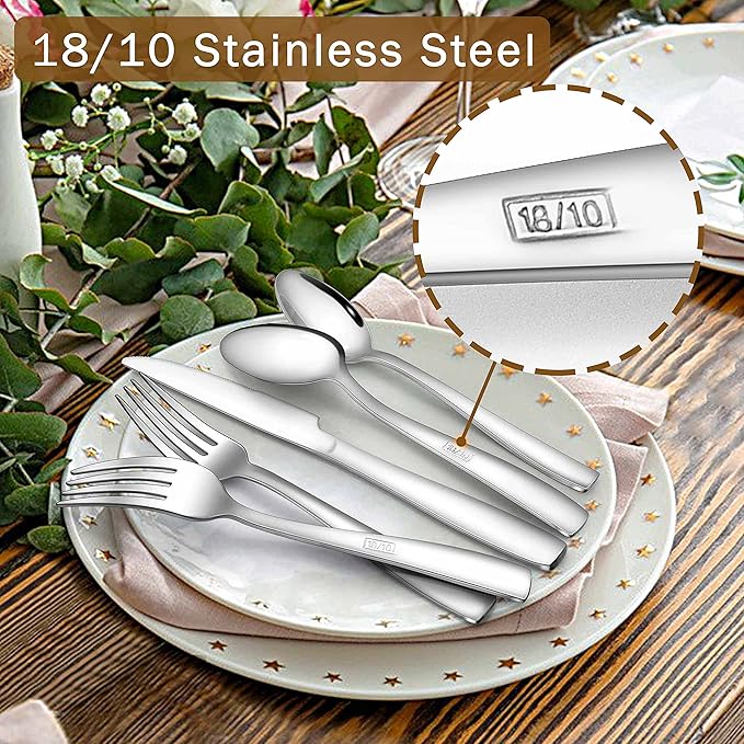 Herogo 18/10 Stainless Steel Silverware Set, 40-Piece Fancy Flatware Cutlery Set for 8, Modern Eating Utensils Tableware for Home Restaurant Wedding, Mirror Polished, Dishwasher Safe