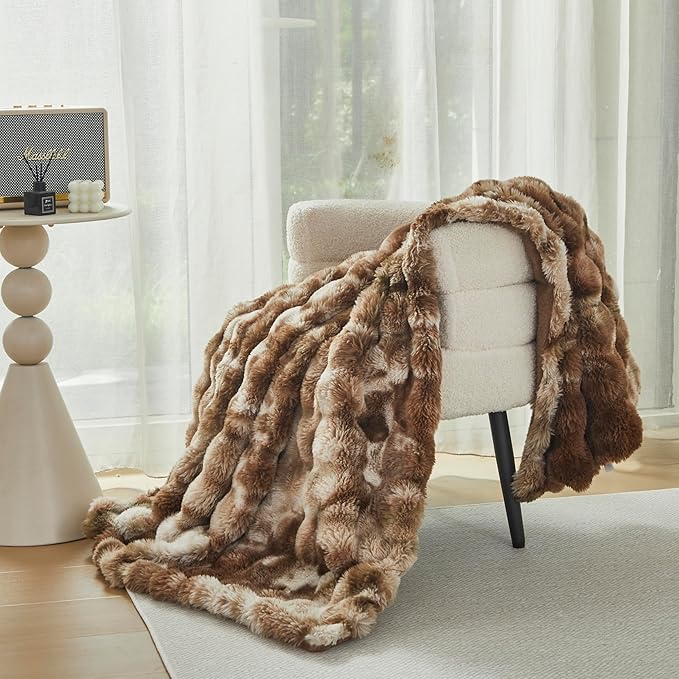 Faux Fur Throw Blanket for Couch Cozy Fuzzy Soft Plush Thick Fluffy Fleece Bubble Blanket for Sofa Bedroom Living Room, 63x79 Inches Coffee